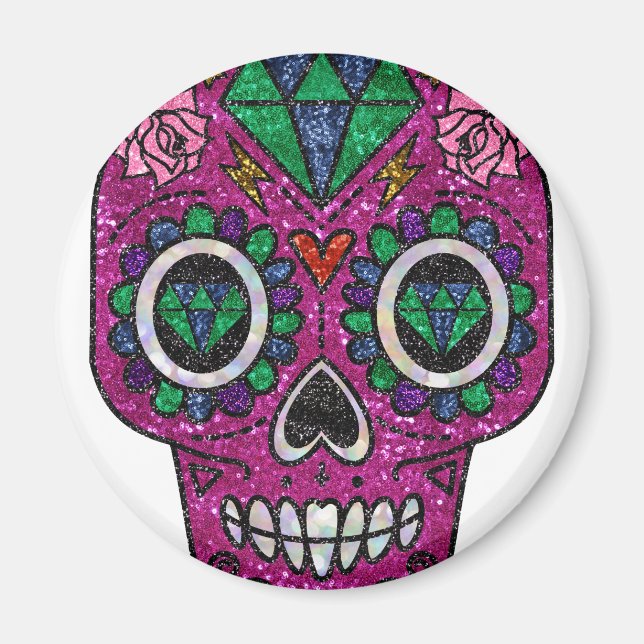 pink glitter sugar skull magnet (Front)
