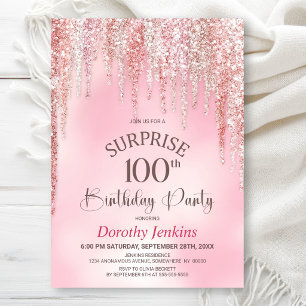 Pink Glitter Surprise 100th Birthday Party Invitation