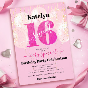 Pink Glitter Sweet 16 Birthday Balloons Modern Invitation