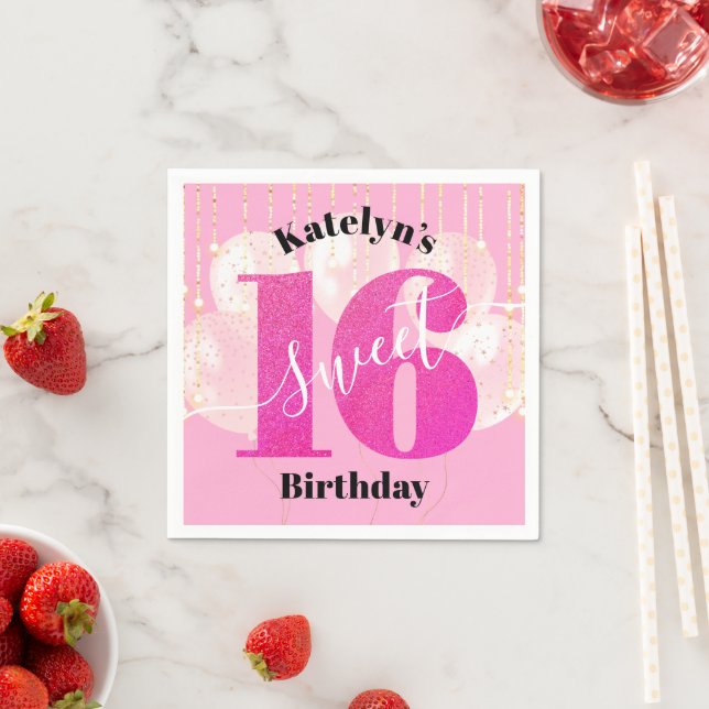 Pink Glitter Sweet 16 Birthday Balloons Script Napkin (Insitu)