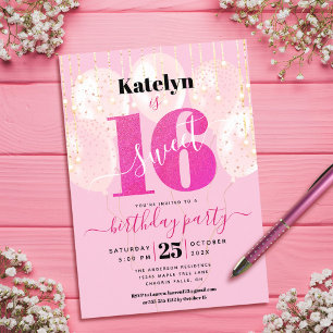 Pink Glitter Sweet 16 Birthday Chic Girly Balloons Invitation