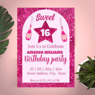 Pink Glitter Sweet 16 Birthday Invitation