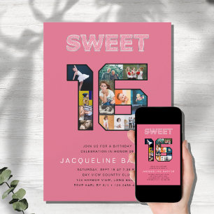 Pink Glitter Sweet 16 Birthday Photo Invitation