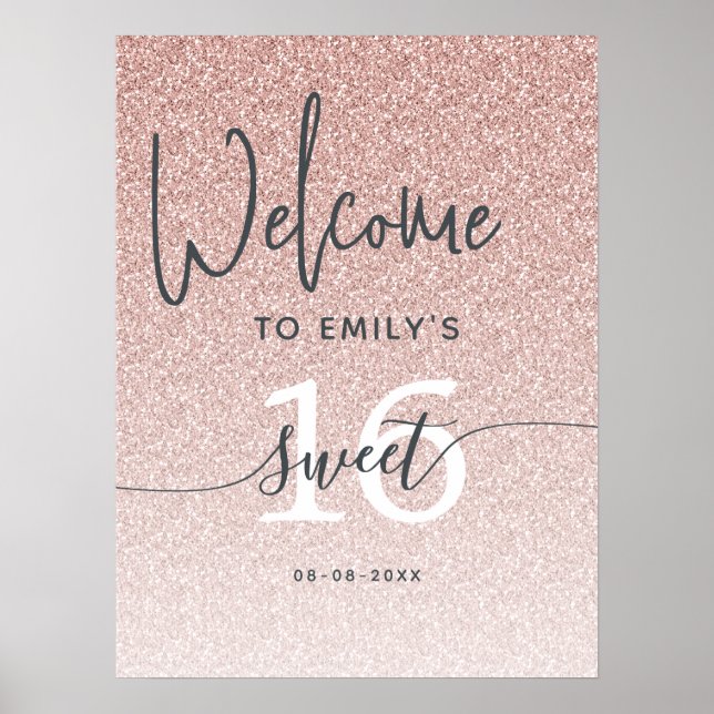 Pink Glitter Sweet 16 Welcome Sign Poster (Front)