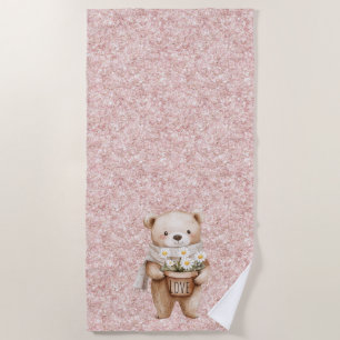 Pink Glitter Sweet Bear Daisy Flowers Beach Towel