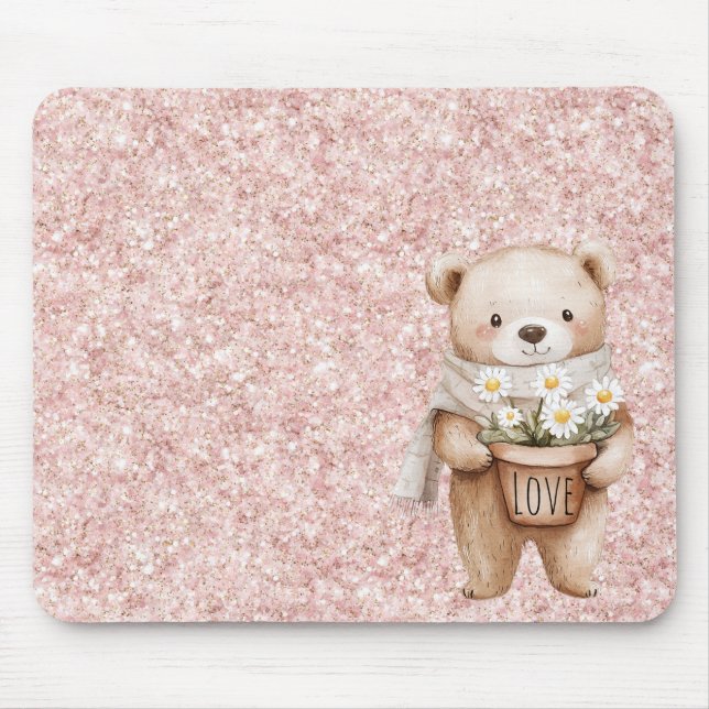 Pink Glitter Sweet Bear Daisy Flowers Mouse Pad (Front)