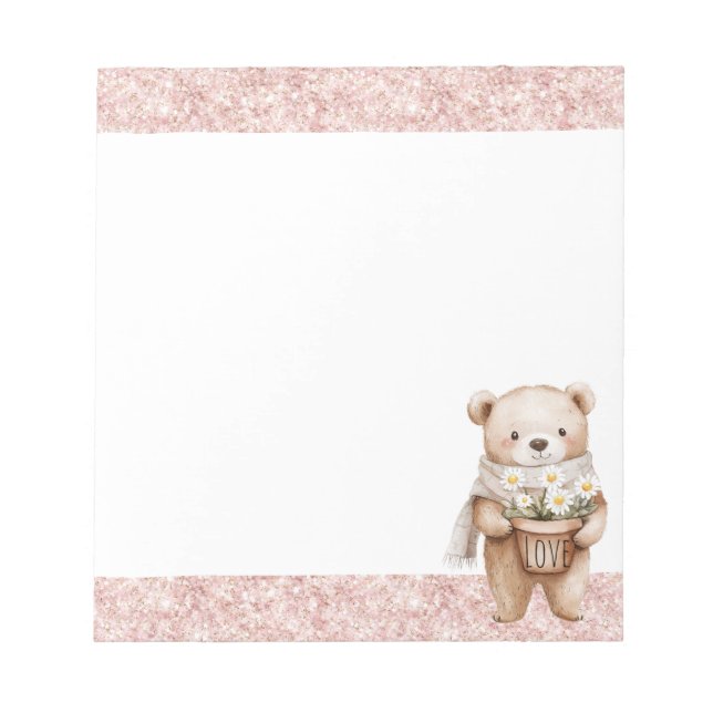 Pink Glitter Sweet Bear Daisy Flowers Notepad (Front)