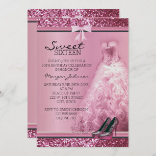 Pink Glitter Sweet Sixteen Birthday Invitation