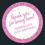 Pink Glitter Thank You Birthday Favour Classic Round Sticker<br><div class="desc">Bright bubblegum pink glitter and gold sparkle personalised thank you favour stickers for a fun and girly birthday party. All of the text is editable, making them great for a little girl's 1st 5th, or 8th birthday, or a big girl's 13th 15th sweet 16th, 18th or 21st birthday or graduation....</div>