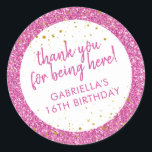 Pink Glitter Thank You Birthday Favour Classic Round Sticker<br><div class="desc">Bright bubblegum pink glitter and gold sparkle personalised thank you favour stickers for a fun and girly birthday party. All of the text is editable, making them great for a little girl's 1st 5th, or 8th birthday, or a big girl's 13th 15th sweet 16th, 18th or 21st birthday or graduation....</div>