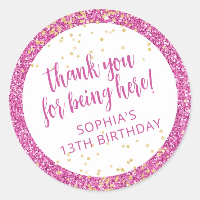Pink Glitter Thank You Birthday Favour Classic Round Sticker (Front)