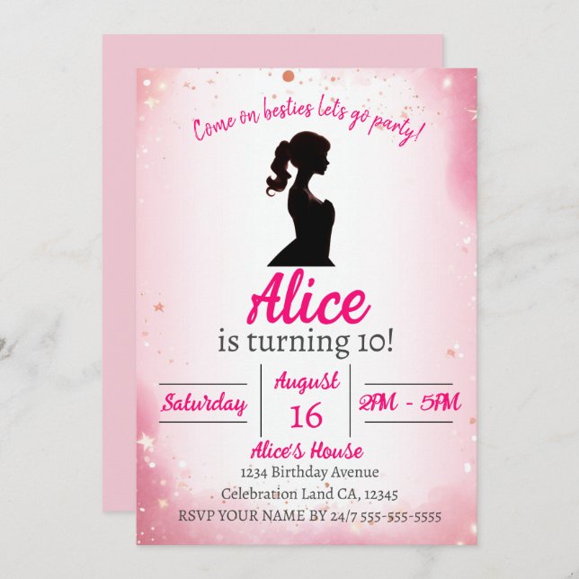 Pink Glitter theme doll birthday Invitation (Front/Back)