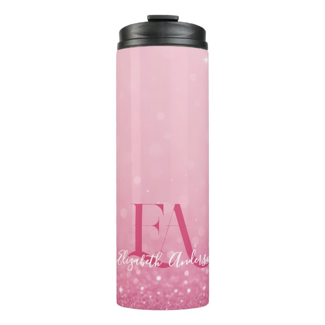 Pink Glitter Thermal Tumbler with Custom Initials (Front)