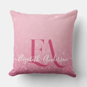 Pink Glitter Throw Pillow with Initials & Name