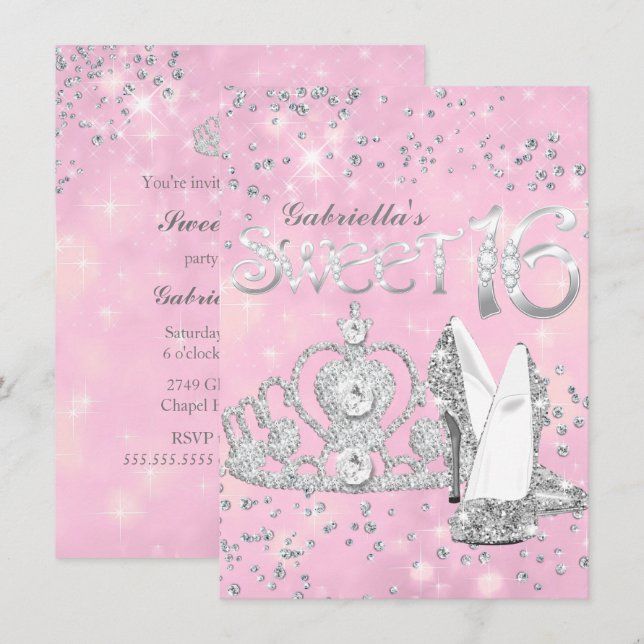 Pink Glitter Tiara & Heels Sweet 16 Invite (Front/Back)
