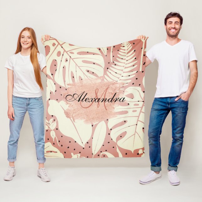 Pink Glitter Tropical Leaves Fleece Blanket (In Situ)