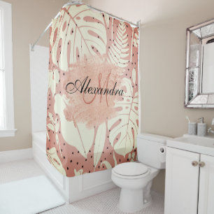 Pink Glitter Tropical Leaves Shower Curtain
