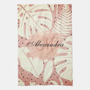Pink Glitter Tropical Leaves Tea Towel