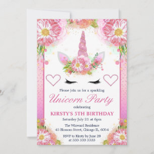 Pink Glitter Unicorn Face Floral Birthday Party Invitation