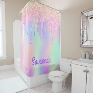 Pink glitter unicorn rainbow coloured monogram shower curtain