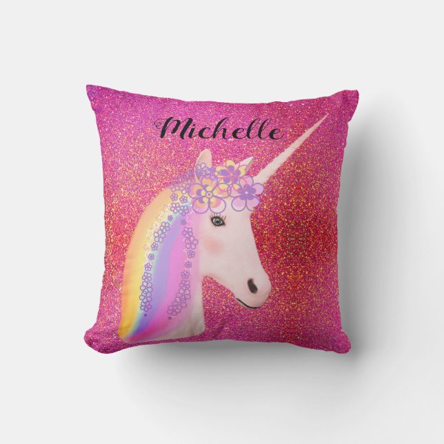 Pink Glitter Unicorn Rainbow Sparkles Personalized Cushion (Front)