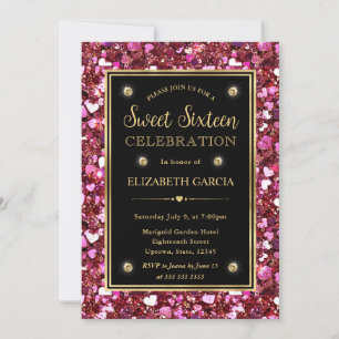 Pink Glitter Valentine Hearts Sweet Sixteen Invitation