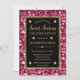 Pink Glitter Valentine Hearts Sweet Sixteen Invitation