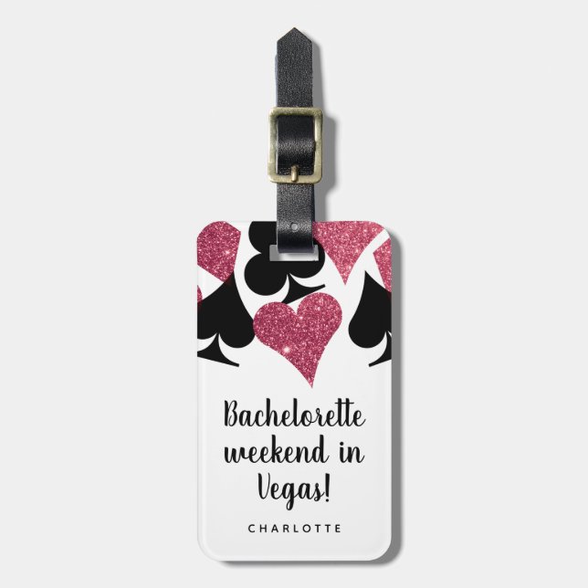 Pink Glitter Vegas Bachelorette Party Luggage Tag (Front Vertical)