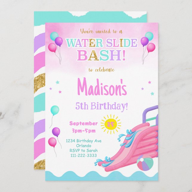 Pink Glitter Waterslide Bash Girls Birthday Invite (Front/Back)