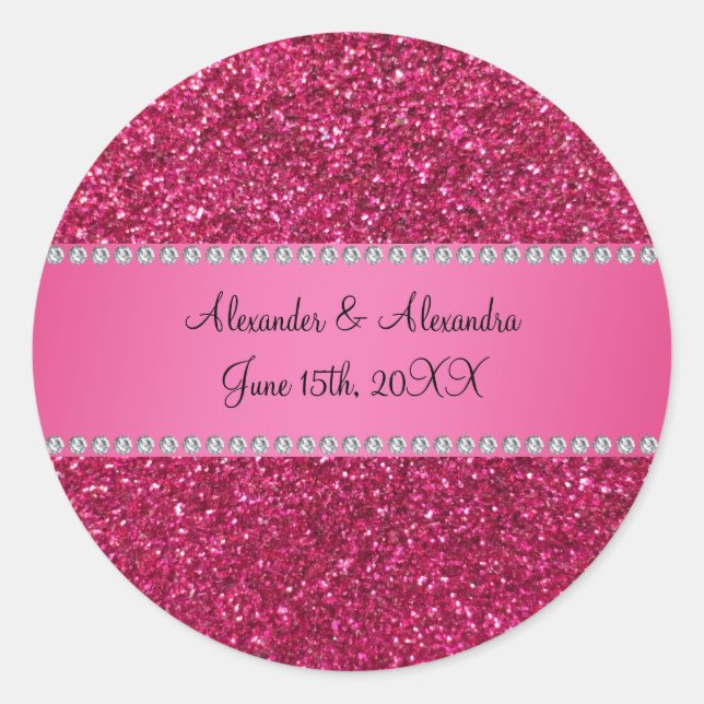 Pink glitter wedding favours classic round sticker (Front)