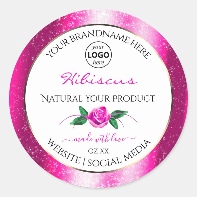 Pink Glitter White Product Labels Floral Rose Logo (Front)