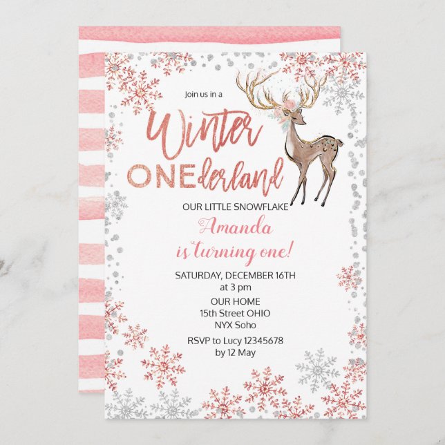 Pink Glitter Winter Birthday Invitation (Front/Back)