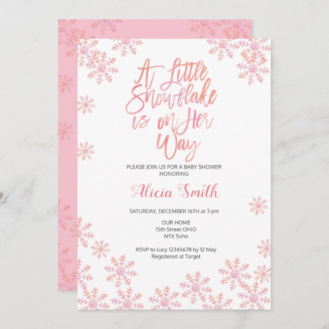 Pink Glitter Winter Wonderland Girl Baby Shower Invitation (Front/Back)