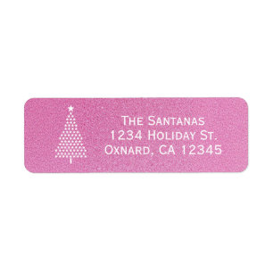Pink Glitter with White Star Christmas Tree Return Address Label