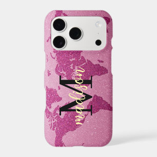 Pink glitter World Map Custom Monogram Name
