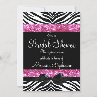 Pink Glitter Zebra Bow Bridal Shower Invitation