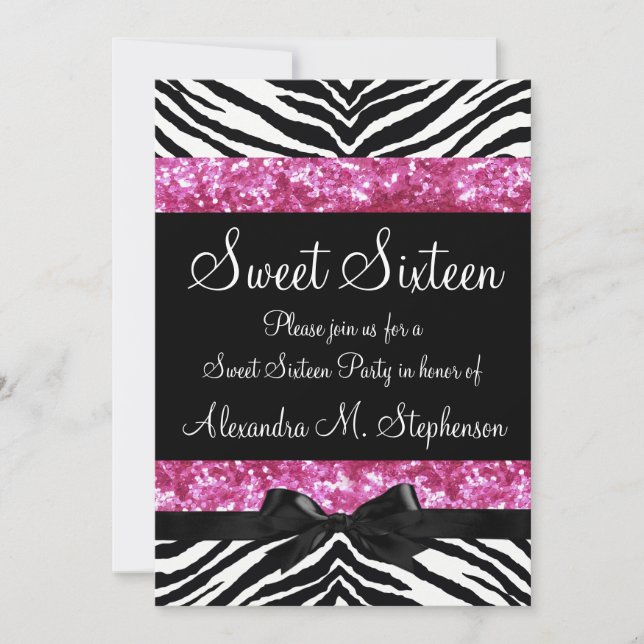 Pink Glitter Zebra Bow Sweet Sixteen Invitation (Front)