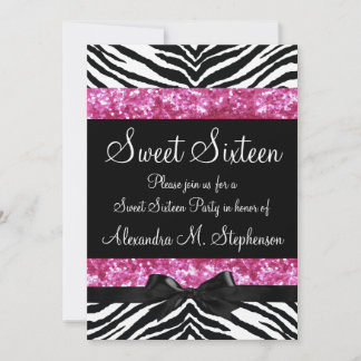 Pink Glitter Zebra Bow Sweet Sixteen Invitation