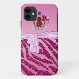 Pink Glitter Zebra Print & Jewel Crown iPhone 11 Case