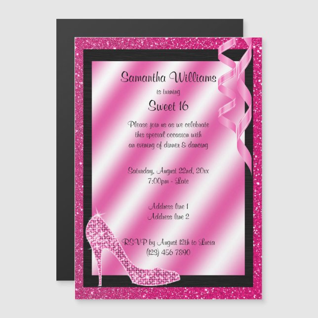 Pink Glittery Stiletto & Streamers Sweet 16 Magnetic Invitation (Front/Back)