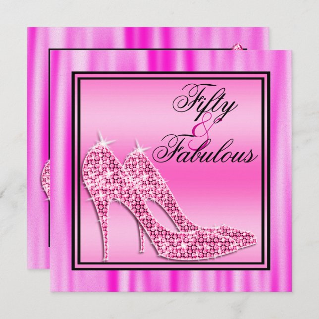 Pink Glittery Stilettos & Music Fabulous 50 Invitation (Front/Back)