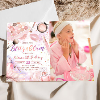 Pink Glitz And Glam Spa Makeup Birthday Photo Invitation