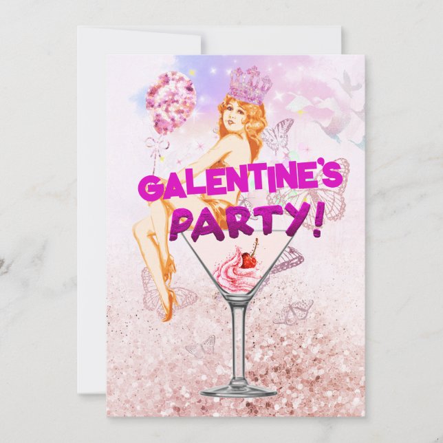 Pink Glitzy Glamourous Galentine's Day Party Card (Front)