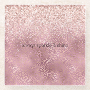 Pink Glitzy Glitter Leopard Print Glass Coaster