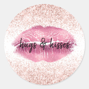 Pink Glitzy Glitter Lips Classic Round Sticker