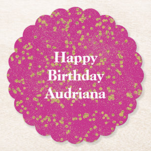 Pink Glitzy Gold Sparkle Confetti Dots Paper Coaster