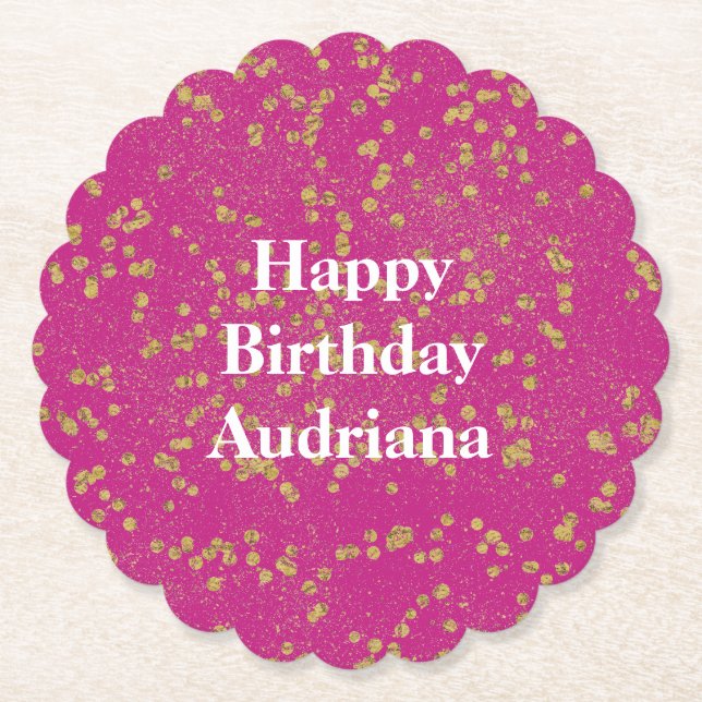 Pink Glitzy Gold Sparkle Confetti Dots Paper Coaster (Front)