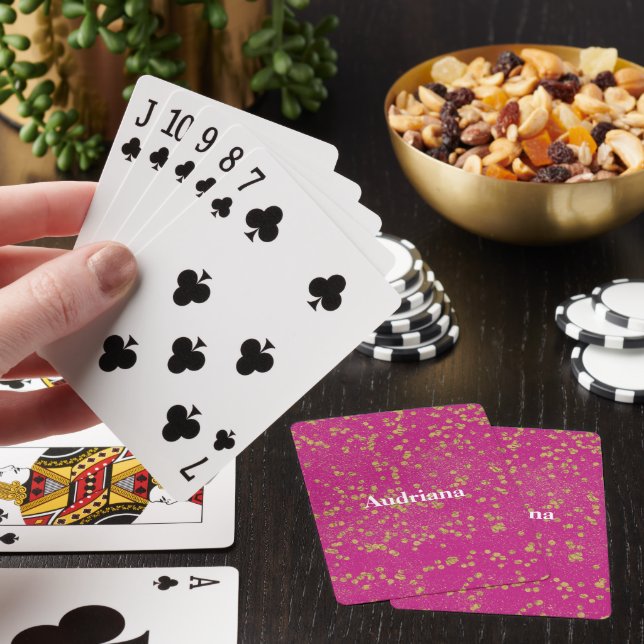 Pink Glitzy Gold Sparkle Confetti Dots Playing Cards (In Situ)