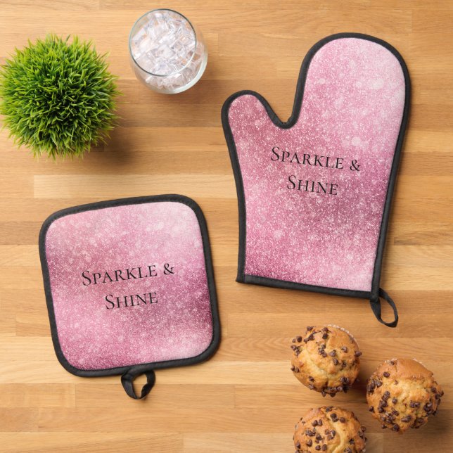 Pink Glitzy Sparkle Personalised  Oven Mitt & Pot Holder Set (Top Down)