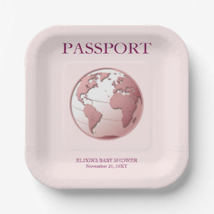 Pink Globe Passport Travel Baby Shower Paper Plate